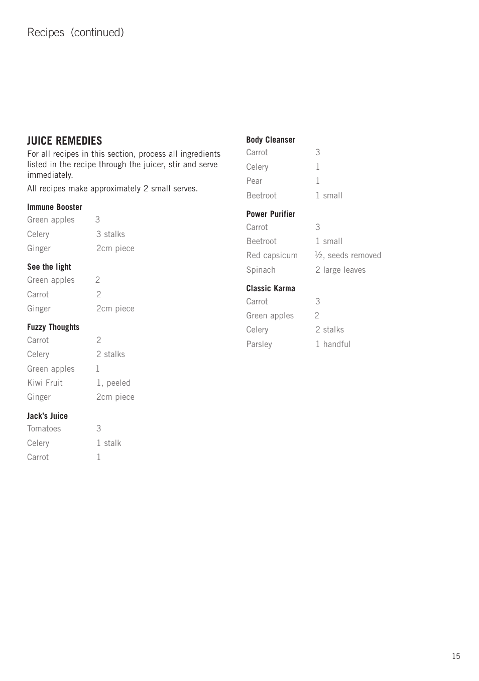 Juice remedies, Recipes (continued) | Sunbeam JE8500 User Manual | Page 17 / 21