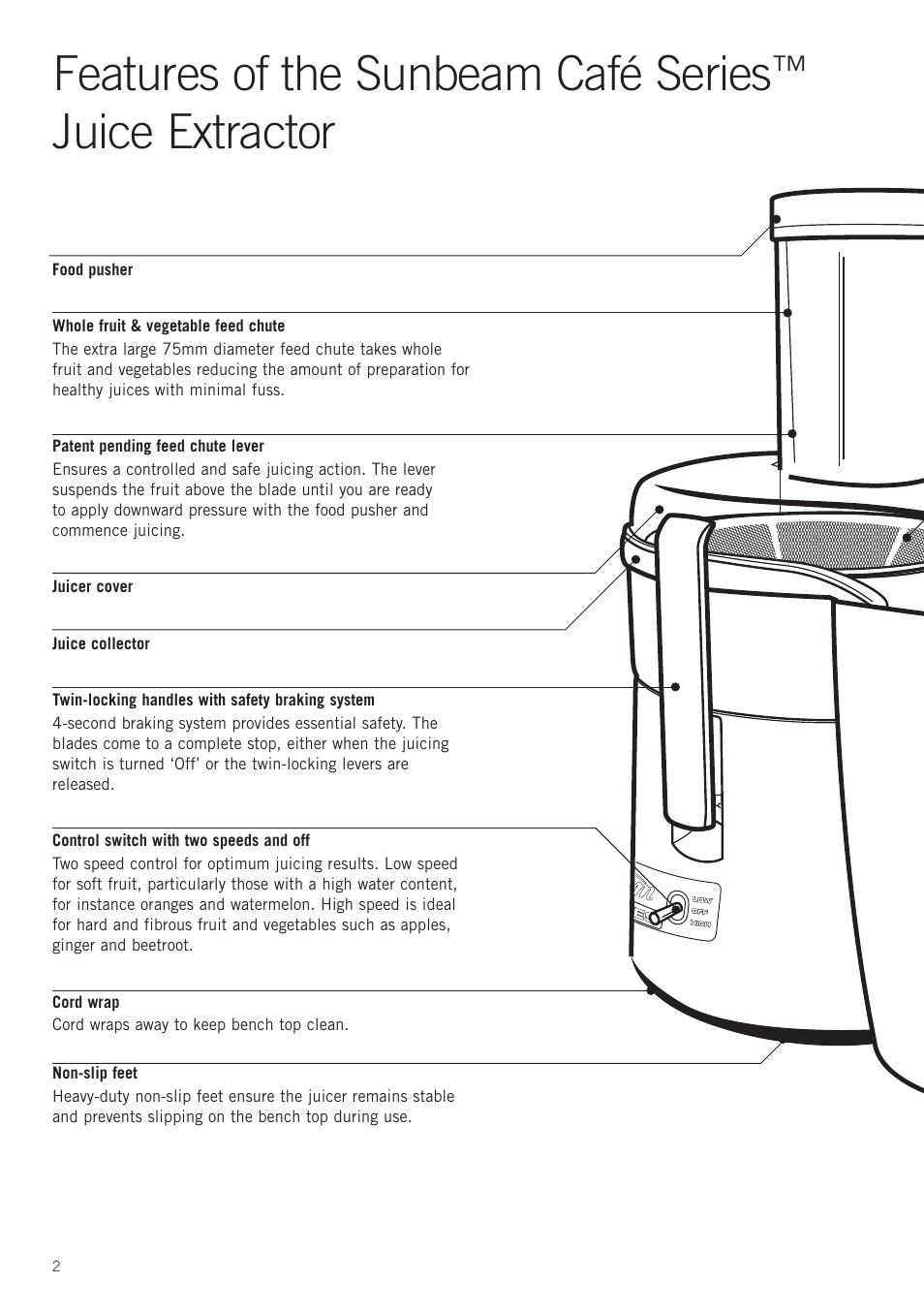 Features of the sunbeam café series, Juice extractor | Sunbeam JE8500 User Manual | Page 4 / 21