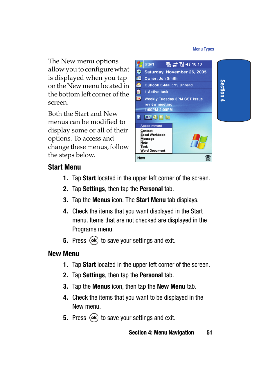Start menu, New menu | Samsung SCH i830 User Manual | Page 51 / 224