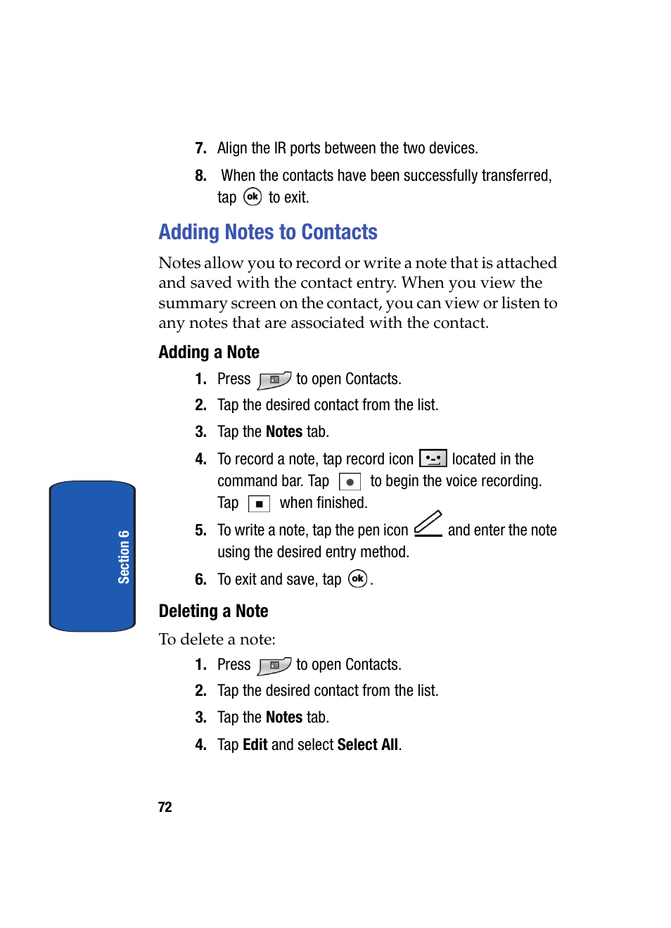 Adding notes to contacts, Adding a note, Deleting a note | Samsung SCH i830 User Manual | Page 72 / 224
