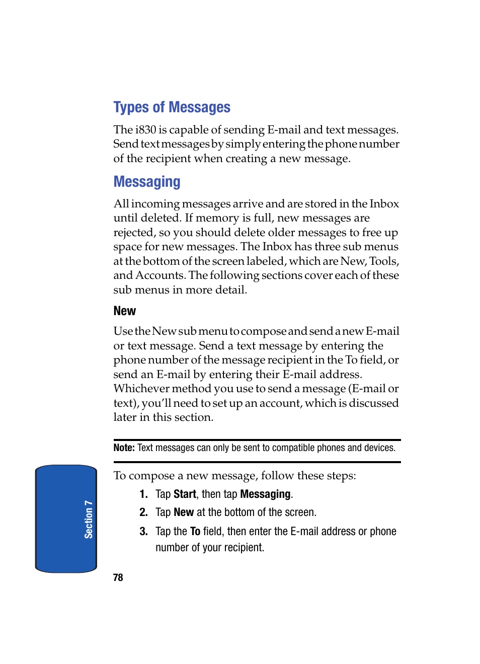 Types of messages, Messaging, Types of messages messaging | Samsung SCH i830 User Manual | Page 78 / 224