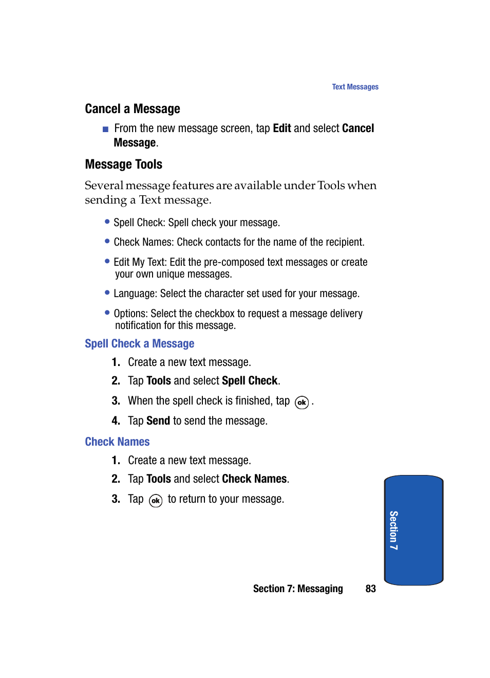 Cancel a message, Message tools, Spell check a message | Check names | Samsung SCH i830 User Manual | Page 83 / 224