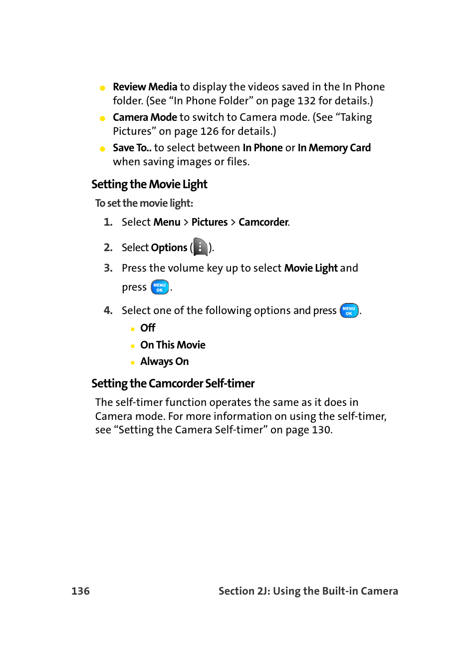 Setting the movie light, Setting the camcorder self-timer | Samsung A920 User Manual | Page 160 / 272