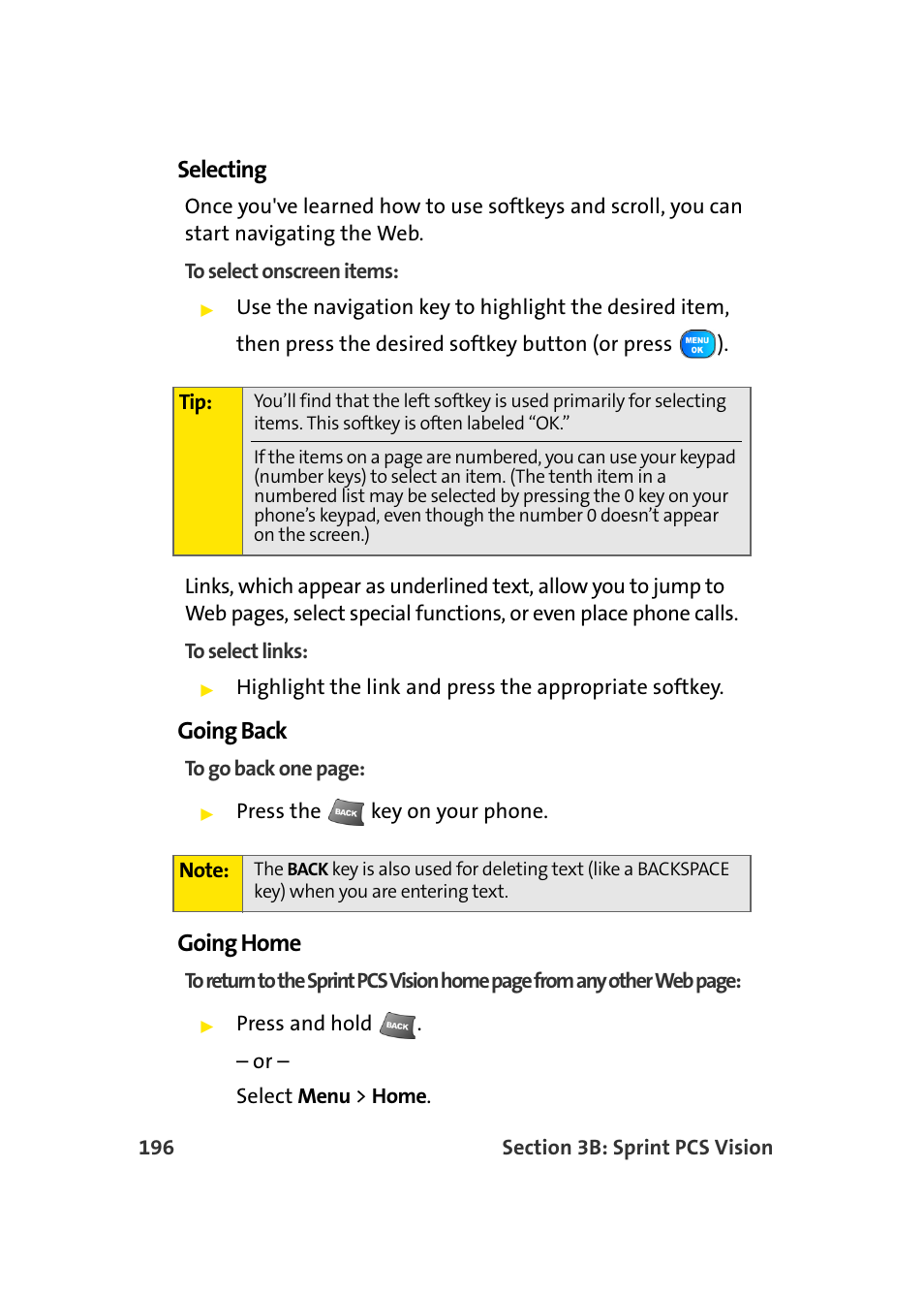 Selecting, Going back, Going home | Samsung A920 User Manual | Page 220 / 272