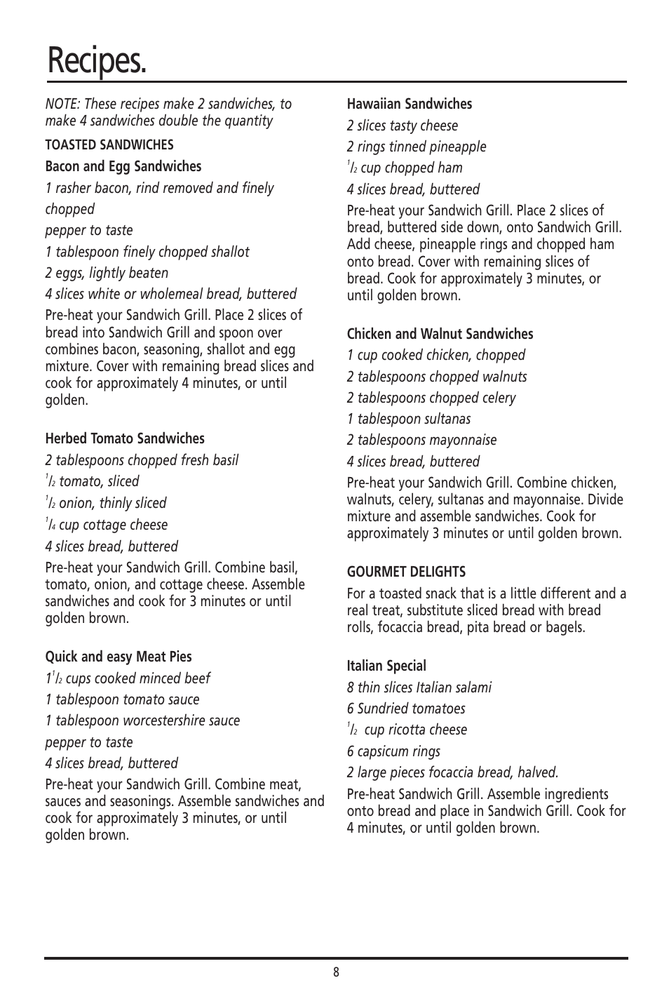 Recipes | Sunbeam GR7200 User Manual | Page 8 / 9
