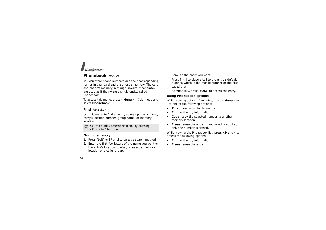 Phonebook (menu 2), P.26 | Samsung SCH-X969 User Manual | Page 29 / 54