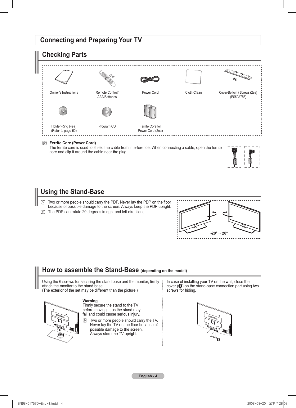 Connecting and preparing your tv, Checking parts, Using the stand-base | How to assemble the stand-base | Samsung PS-63 A756T1M User Manual | Page 4 / 76