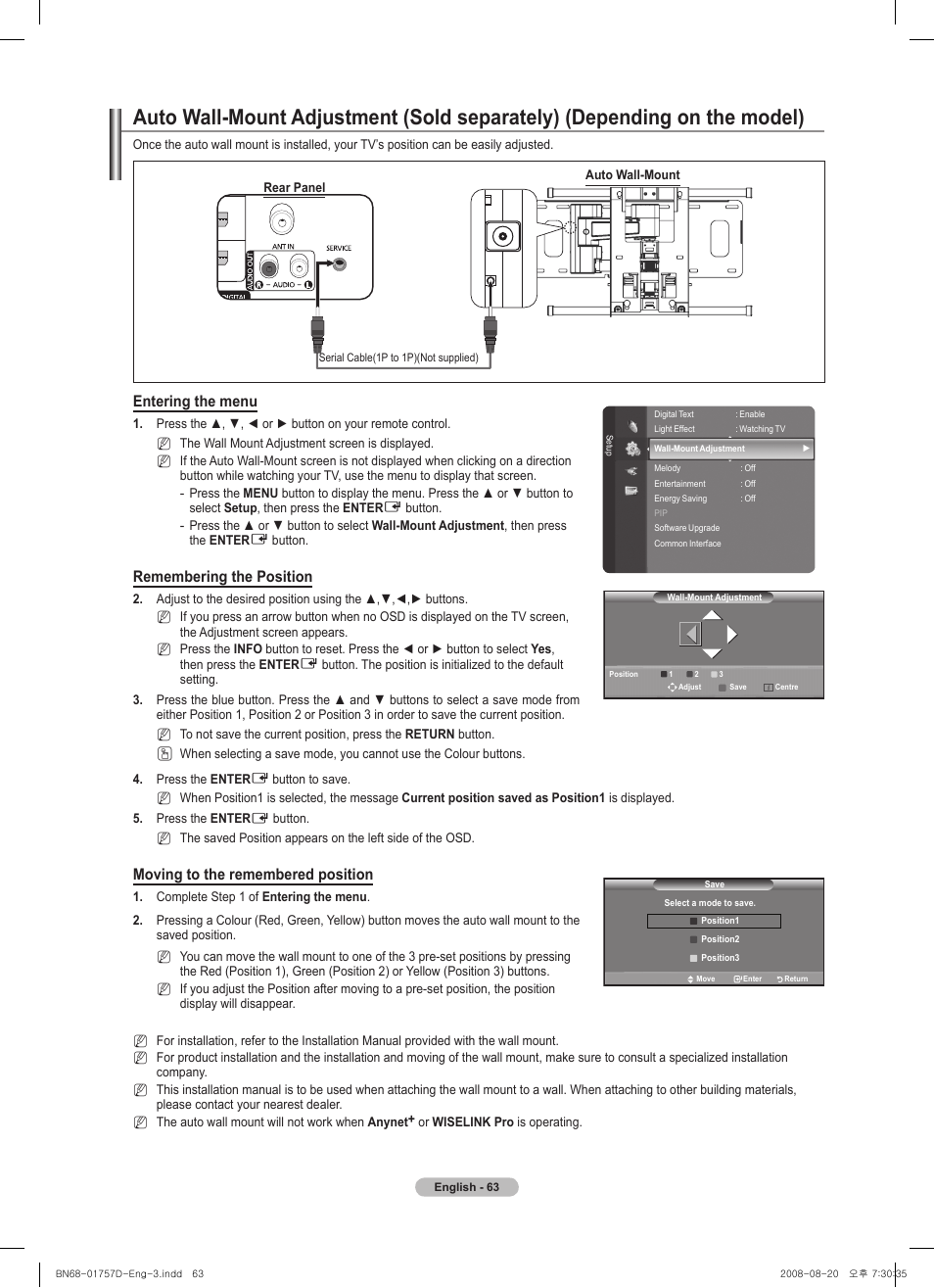 Entering the menu, Remembering the position, Moving to the remembered position | Samsung PS-63 A756T1M User Manual | Page 63 / 76