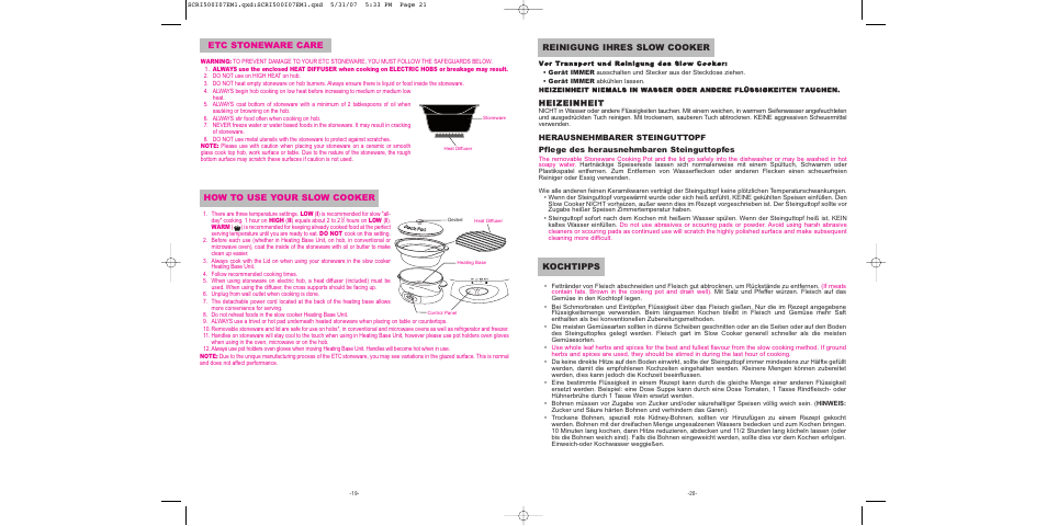 How to use your slow cooker, Heizeinheit | Sunbeam SCRI500-I User Manual | Page 11 / 42