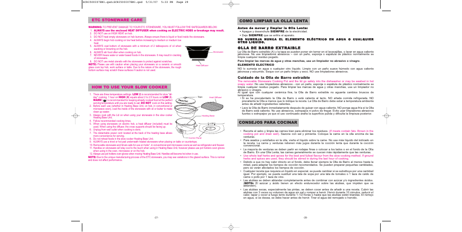 How to use your slow cooker, Olla de barro extraible, Cuidado de la olla de barro extraíble | Sunbeam SCRI500-I User Manual | Page 15 / 42