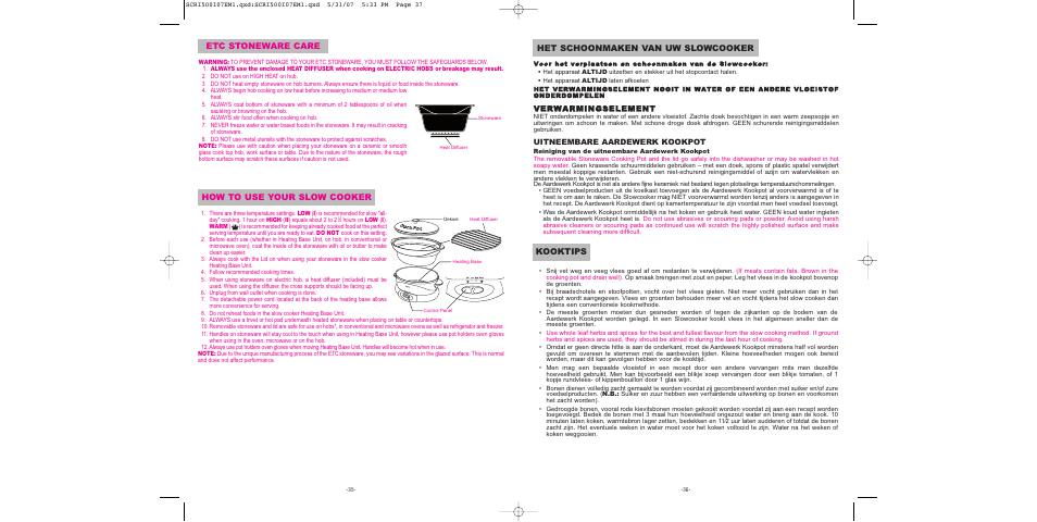 How to use your slow cooker, Verwarmingselement, Uitneembare aardewerk kookpot | Sunbeam SCRI500-I User Manual | Page 19 / 42