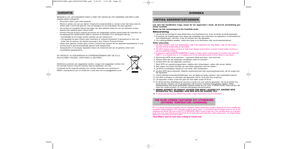 Svenska, Garantie, Viktiga säkerhetsåtgärder | Sunbeam SCRI500-I User Manual | Page 22 / 42