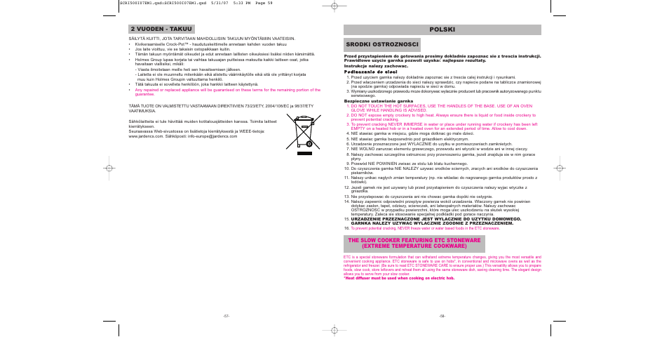 Polski, 2 vuoden - takuu, Srodki ostroznosci | Sunbeam SCRI500-I User Manual | Page 30 / 42