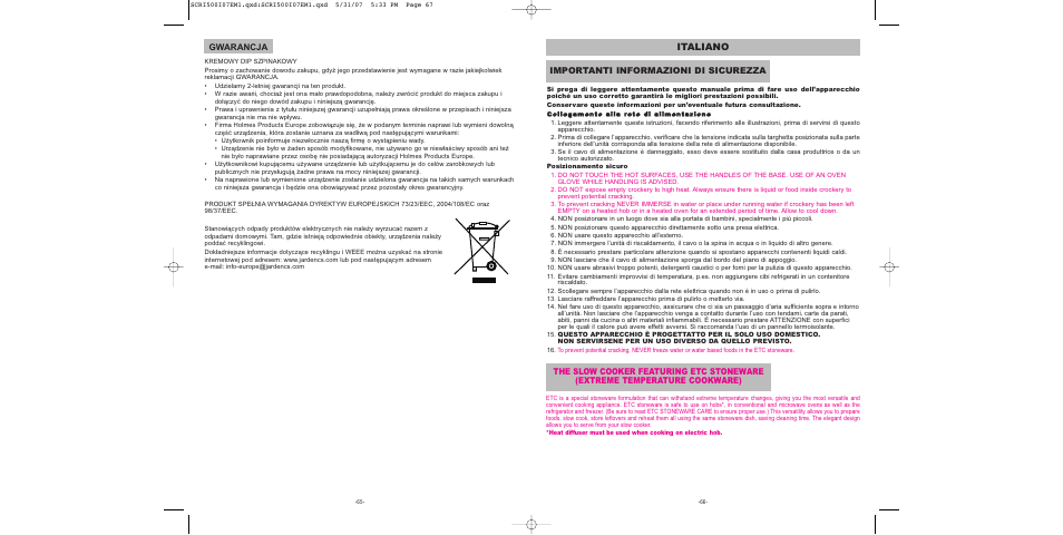 Italiano, Gwarancja, Importanti informazioni di sicurezza | Sunbeam SCRI500-I User Manual | Page 34 / 42