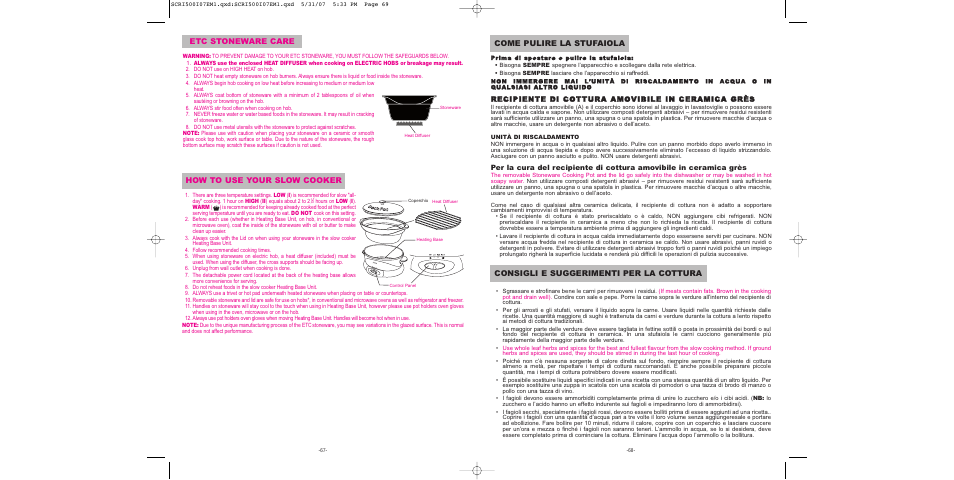 How to use your slow cooker, Recipiente di cottura amovibile in ceramica grès | Sunbeam SCRI500-I User Manual | Page 35 / 42