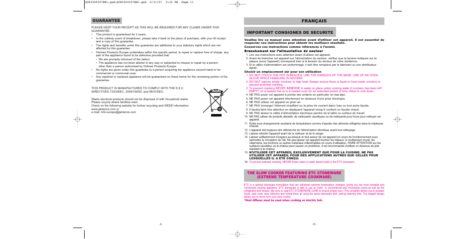 Français, Guarantee, Important consignes de securite | Sunbeam SCRI500-I User Manual | Page 6 / 42