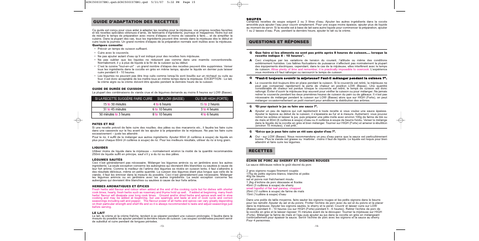 Questions et réponses, Recettes, Guide d’adaptation des recettes | Sunbeam SCRI500-I User Manual | Page 8 / 42