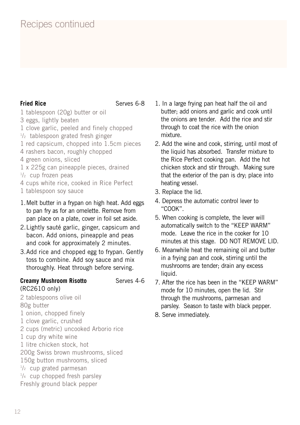 Recipes continued | Sunbeam RC2610 User Manual | Page 14 / 24