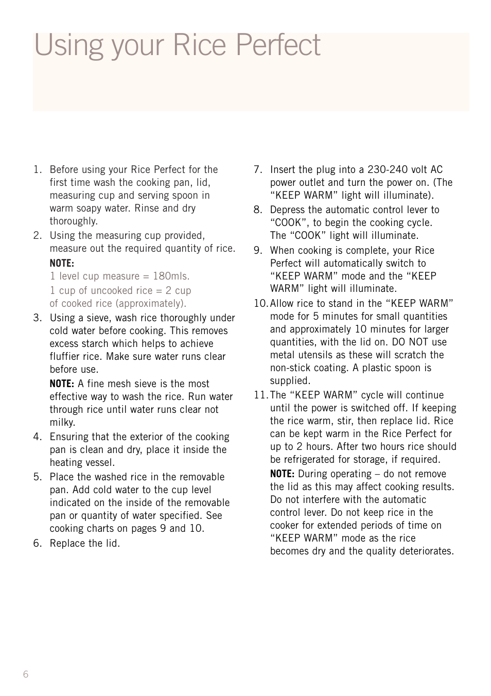 Using your rice perfect | Sunbeam RC2610 User Manual | Page 8 / 24
