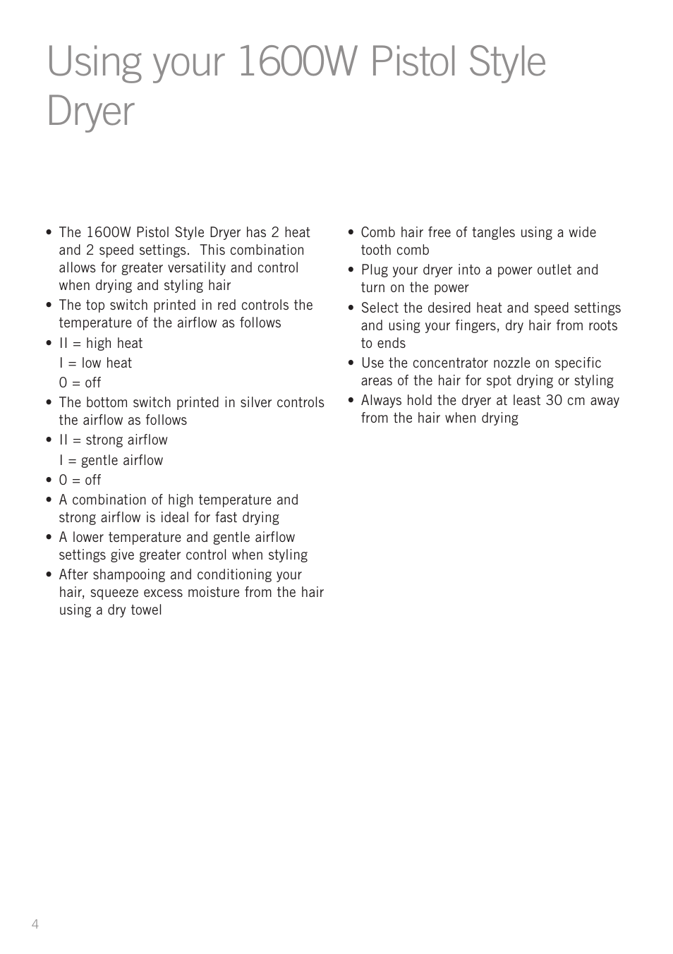 Using your 1600w pistol style dryer | Sunbeam HD4400 User Manual | Page 6 / 9