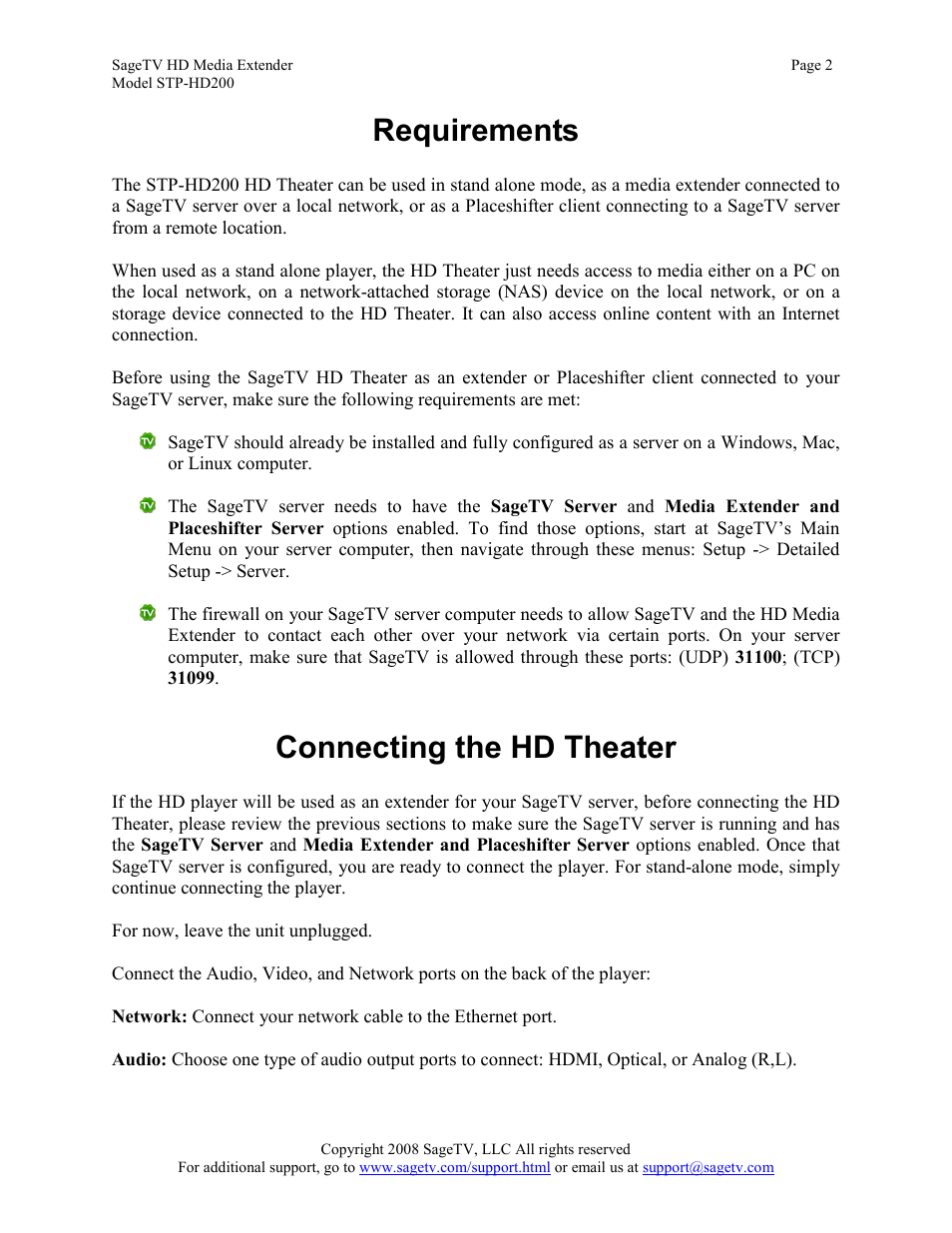 Requirements, Connecting the hd theater | Sager Electronics STP-HD200 User Manual | Page 2 / 12