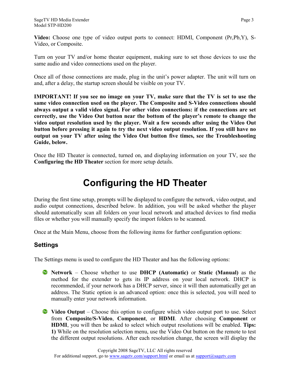 Configuring the hd theater, Settings | Sager Electronics STP-HD200 User Manual | Page 3 / 12