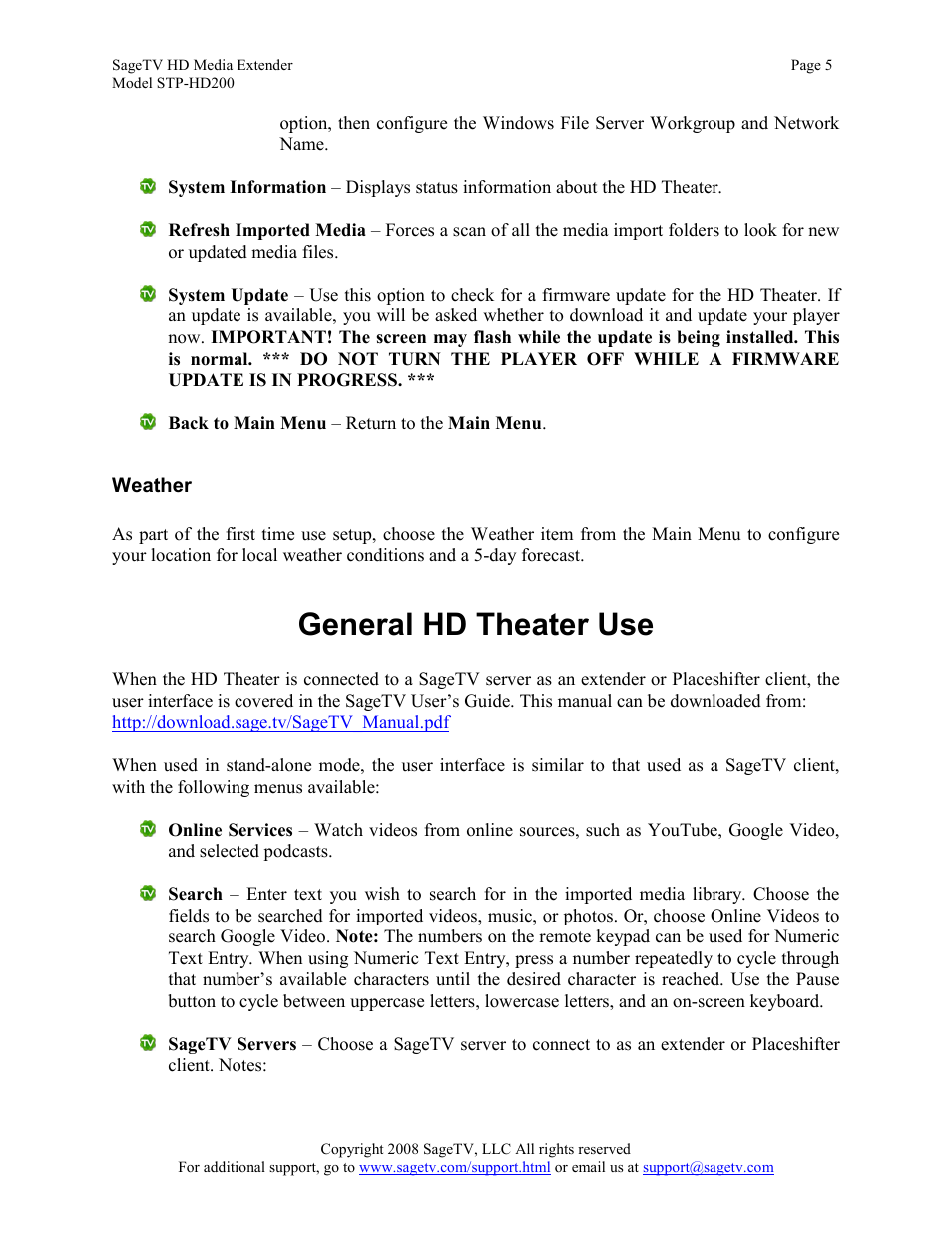 Weather, General hd theater use | Sager Electronics STP-HD200 User Manual | Page 5 / 12