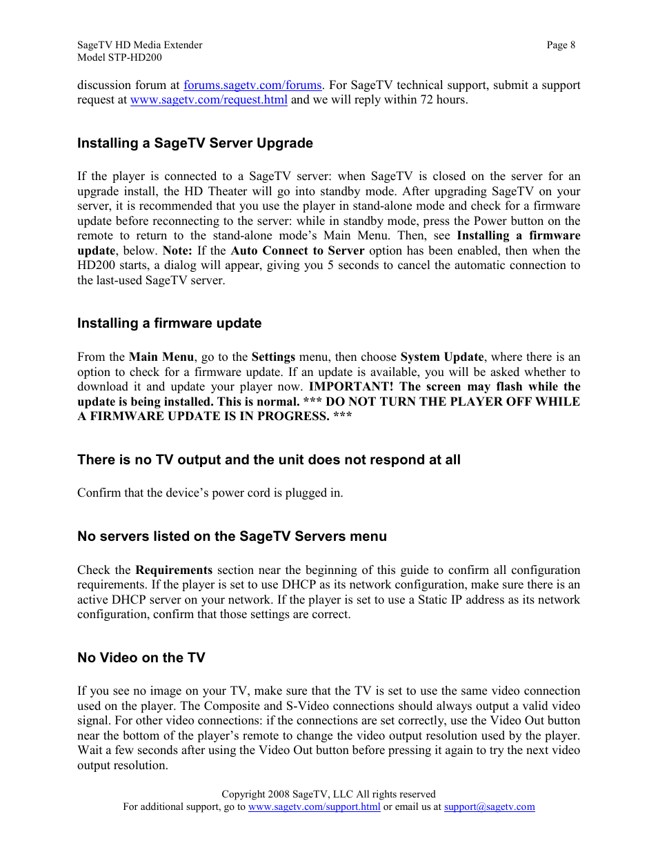 Installing a sagetv server upgrade, Installing a firmware update, No servers listed on the sagetv servers menu | No video on the tv | Sager Electronics STP-HD200 User Manual | Page 8 / 12