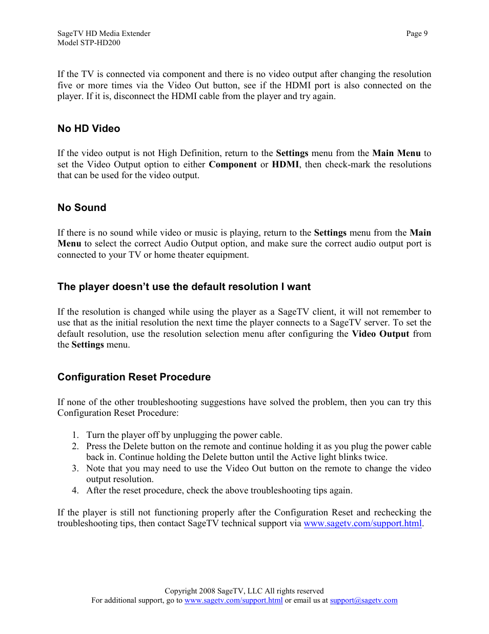 No hd video, No sound, Configuration reset procedure | Sager Electronics STP-HD200 User Manual | Page 9 / 12