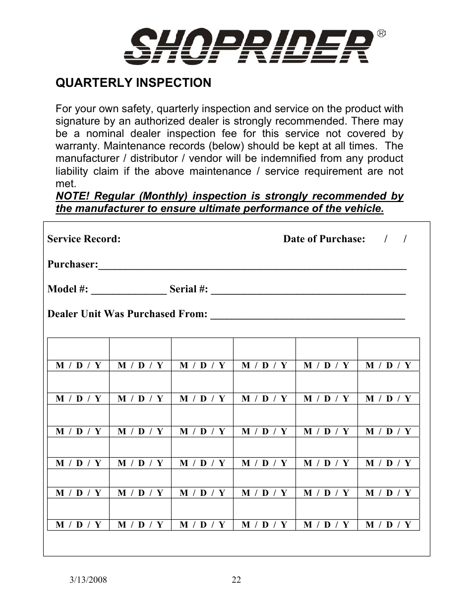 Quarterly inspection | Shoprider UL8W36 User Manual | Page 21 / 24