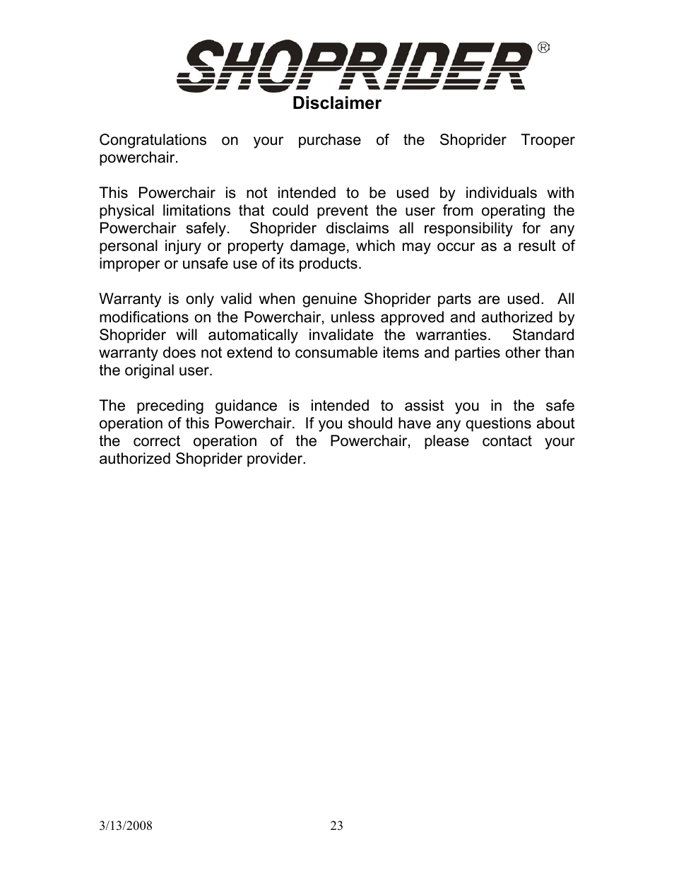 Disclaimer | Shoprider UL8W36 User Manual | Page 22 / 24