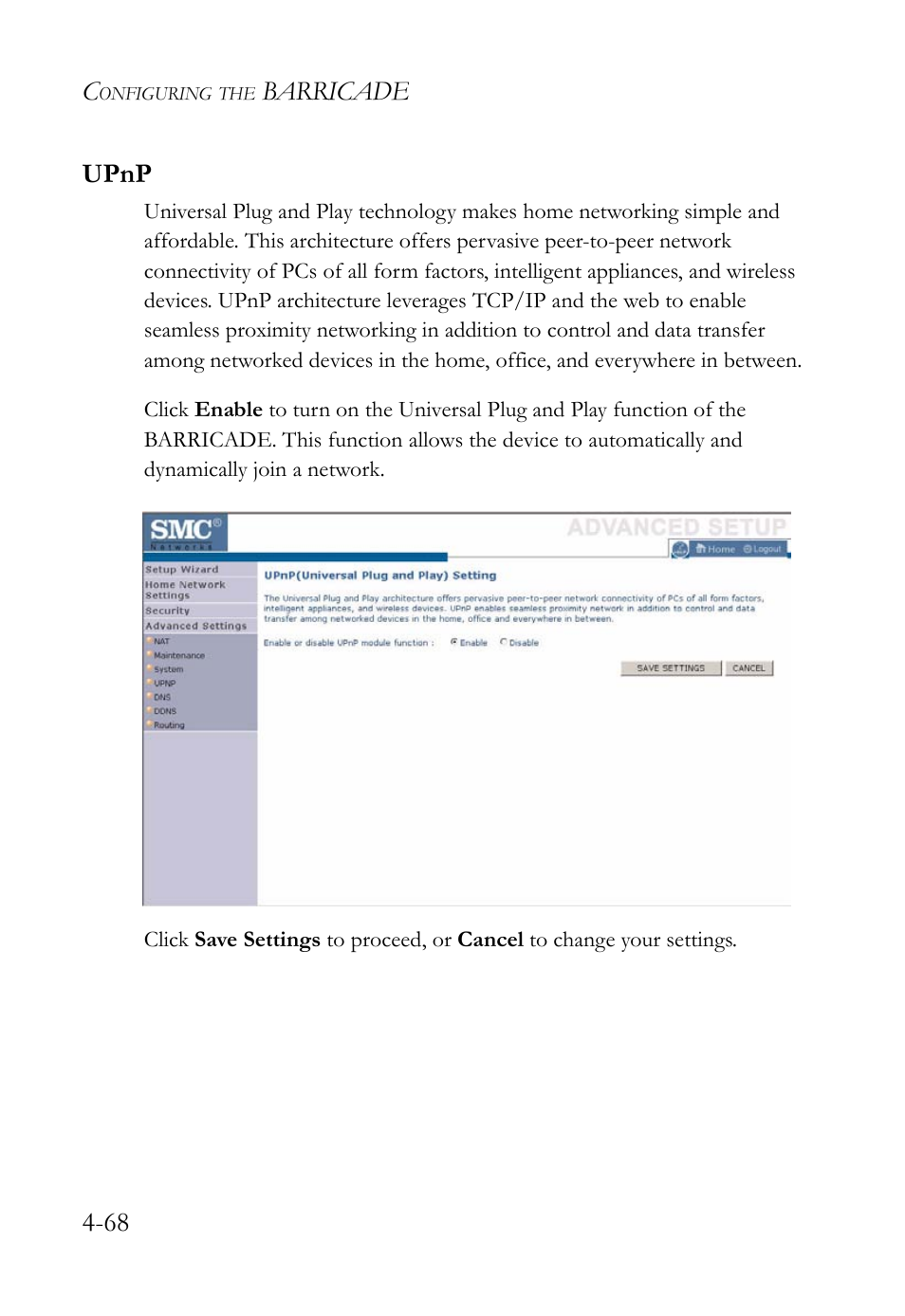 Upnp, Upnp -68, Barricade 4-68 upnp | SMC Networks SMC Barricade g SMCWBR14-G2 User Manual | Page 112 / 132