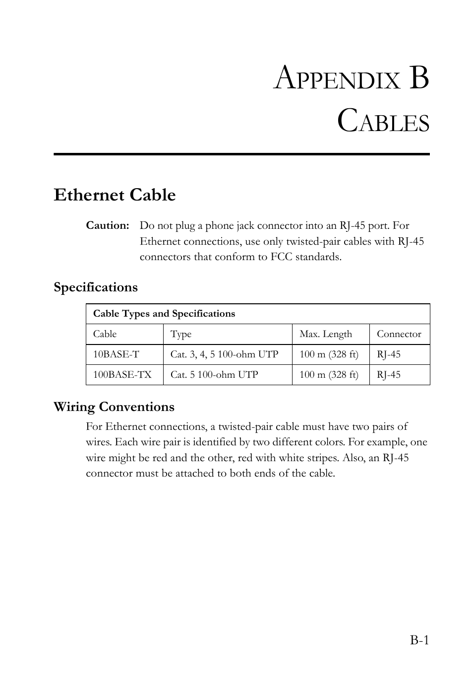 Appendix b cables, Ethernet cable, Specifications | Wiring conventions, Ppendix, Ables | SMC Networks SMC Barricade g SMCWBR14-G2 User Manual | Page 123 / 132