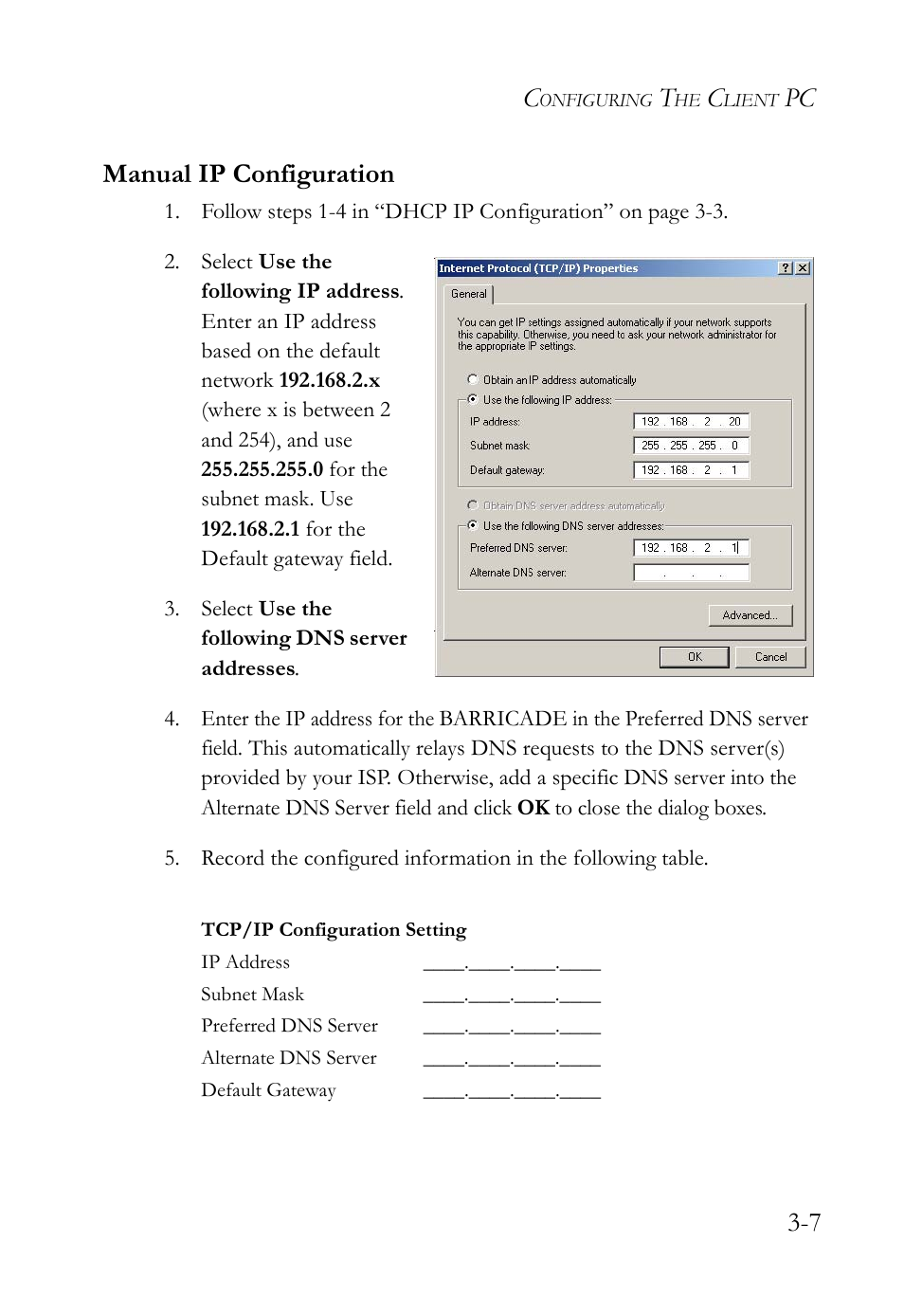 Manual ip configuration, Manual ip configuration -7, Pc 3-7 manual ip configuration | SMC Networks SMC Barricade g SMCWBR14-G2 User Manual | Page 33 / 132