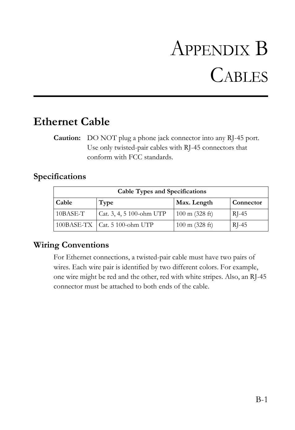Appendix b cables, Ethernet cable, Specifications | Wiring conventions, Ppendix, Ables | SMC Networks Barricade SMC7908VoWBRA2 User Manual | Page 141 / 151