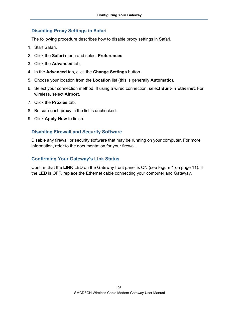 Disabling proxy settings in safari, Disabling firewall and security software, Confirming your gateway’s link status | SMC Networks SMCD3GN User Manual | Page 26 / 72