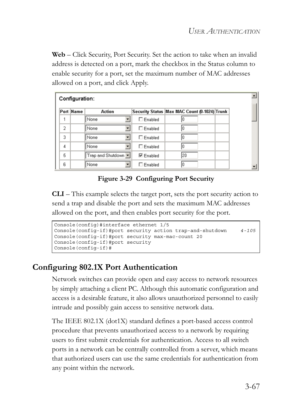 Configuring 802.1x port authentication, Configuring 802.1x port authentication -67, Figure 3-29 configuring port security -67 | SMC Networks TIGERSWITCH SMC6752AL2 User Manual | Page 115 / 516
