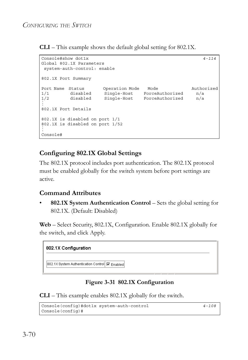 Configuring 802.1x global settings, Configuring 802.1x global settings -70, Figure 3-31 802.1x configuration -70 | Command attributes | SMC Networks TIGERSWITCH SMC6752AL2 User Manual | Page 118 / 516