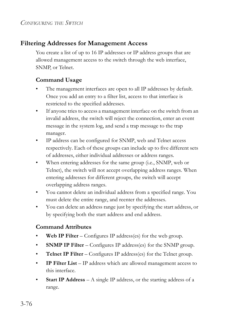 Filtering addresses for managementaccess, Filtering addresses for management access -76, 76 filtering addresses for management access | SMC Networks TIGERSWITCH SMC6752AL2 User Manual | Page 124 / 516
