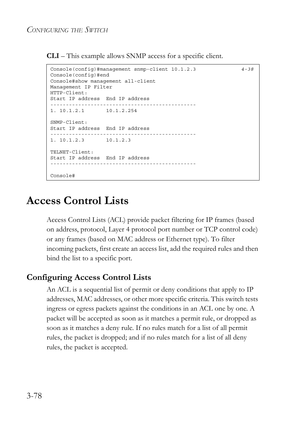 Access control lists, Configuring access control lists, Access control lists -78 | Configuring access control lists -78 | SMC Networks TIGERSWITCH SMC6752AL2 User Manual | Page 126 / 516