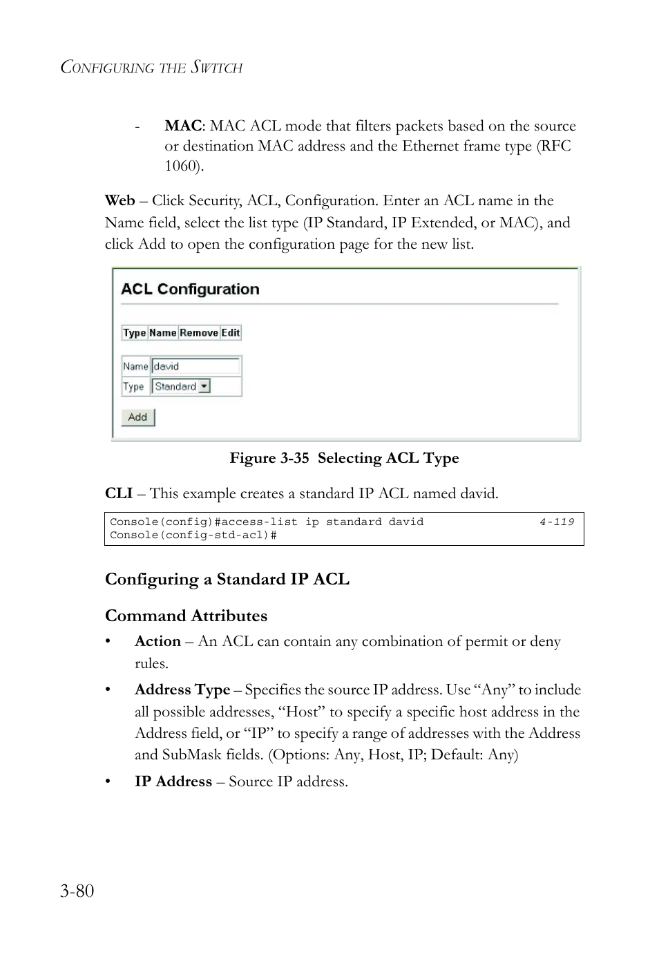 Configuring a standard ip acl, Configuring a standard ip acl -80, Figure 3-35 selecting acl type -80 | SMC Networks TIGERSWITCH SMC6752AL2 User Manual | Page 128 / 516