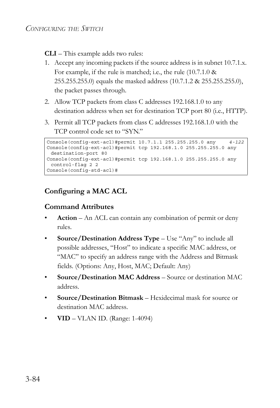 Configuring a mac acl, Configuring a mac acl -84, Configuring a mac acl command attributes | SMC Networks TIGERSWITCH SMC6752AL2 User Manual | Page 132 / 516