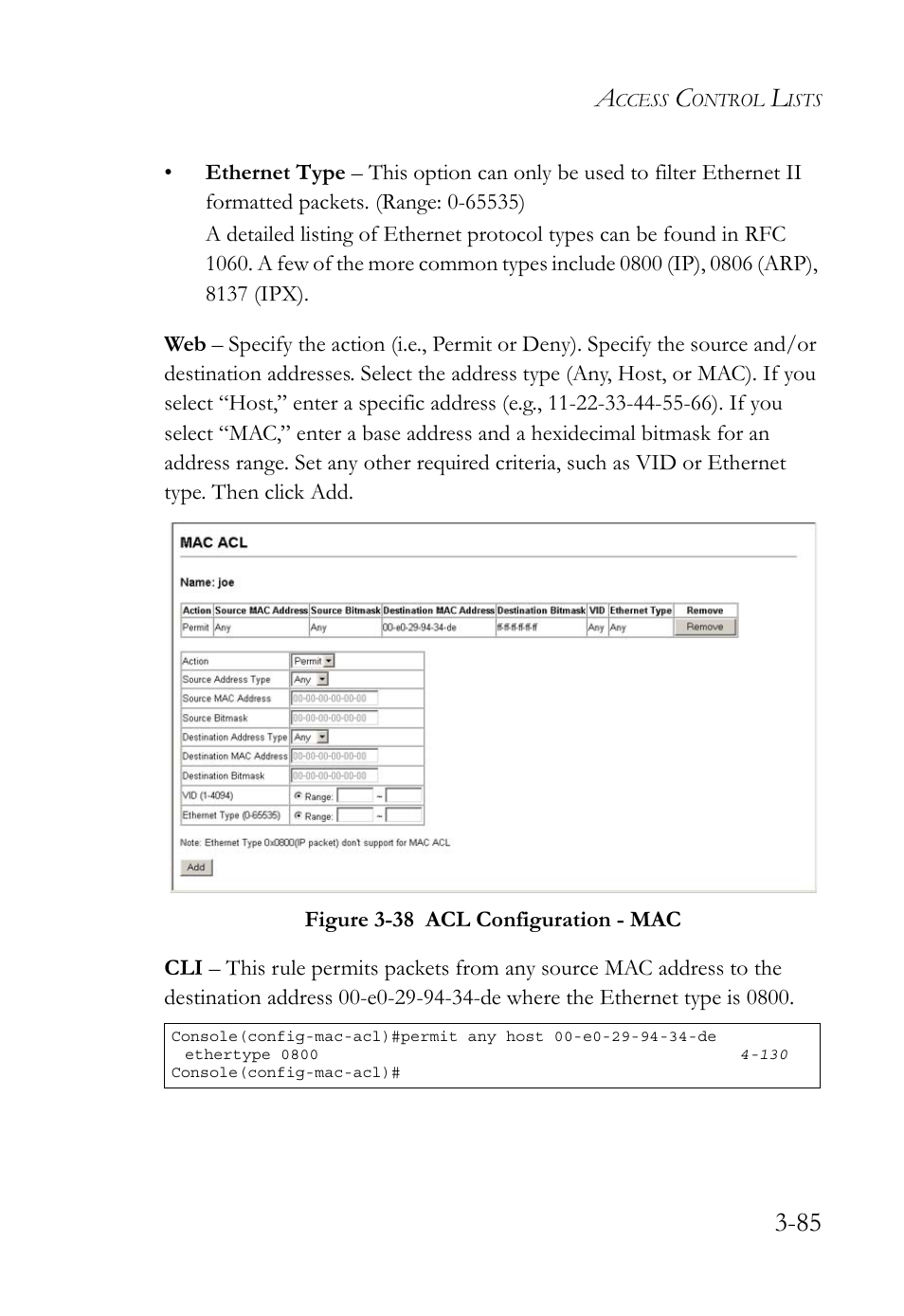 Figure 3-38 acl configuration - mac -85 | SMC Networks TIGERSWITCH SMC6752AL2 User Manual | Page 133 / 516