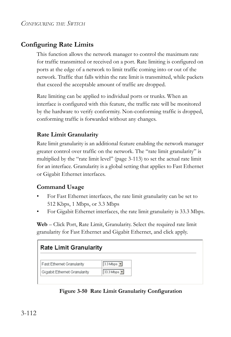 Configuring rate limits, Rate limit granularity, Configuring rate limits -113 | Rate limit granularity -113, 112 configuring rate limits | SMC Networks TIGERSWITCH SMC6752AL2 User Manual | Page 160 / 516