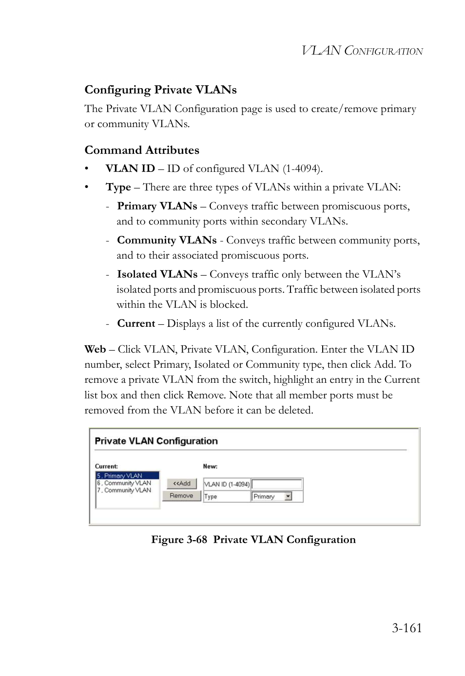 Configuring private vlans, Configuring private vlans -162, Figure 3-68 private vlan configuration -161 | Vlan c | SMC Networks TIGERSWITCH SMC6752AL2 User Manual | Page 209 / 516