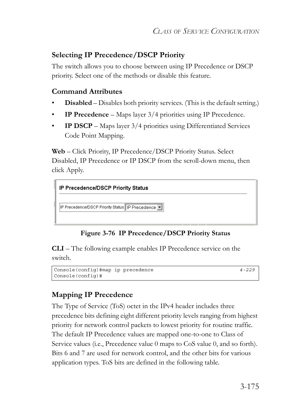 Selecting ip precedence/dscp priority, Mapping ip precedence | SMC Networks TIGERSWITCH SMC6752AL2 User Manual | Page 223 / 516