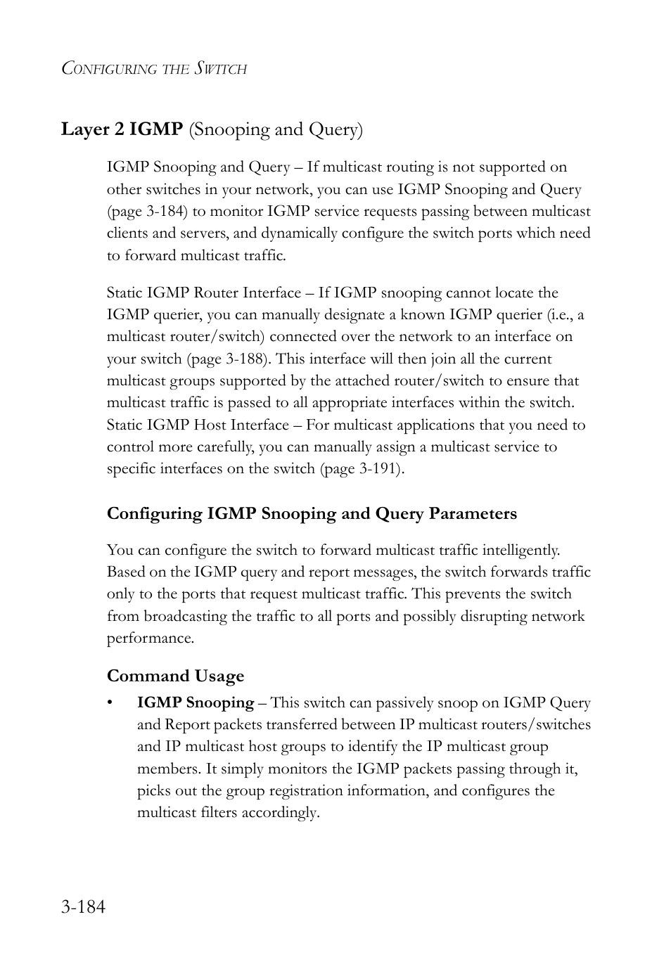 Layer 2 igmp (snooping and query), Configuring igmp snooping and query parameters, Layer 2 igmp (snooping and query) -185 | 184 layer 2 igmp (snooping and query) | SMC Networks TIGERSWITCH SMC6752AL2 User Manual | Page 232 / 516