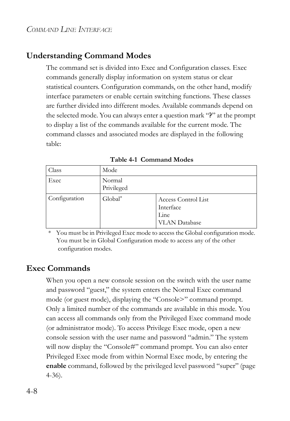Understanding command modes, Exec commands, Understanding command modes -8 exec commands -8 | Table 4-1, Command modes -8, 8 understanding command modes | SMC Networks TIGERSWITCH SMC6752AL2 User Manual | Page 248 / 516
