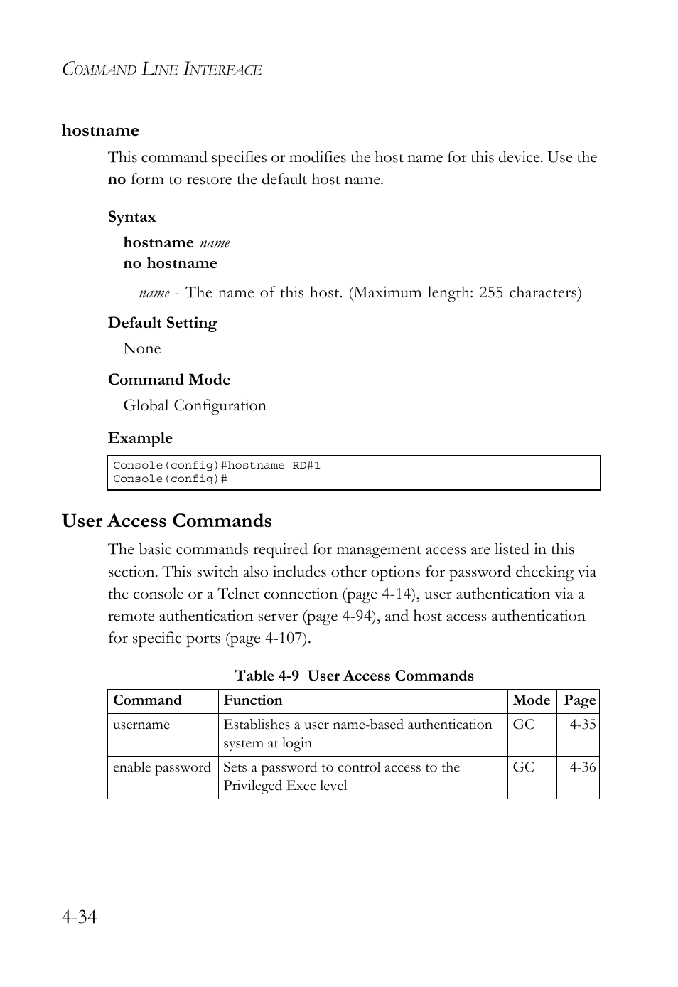 Hostname, User access commands, Hostname -34 | User access commands -34, Table 4-9 | SMC Networks TIGERSWITCH SMC6752AL2 User Manual | Page 274 / 516