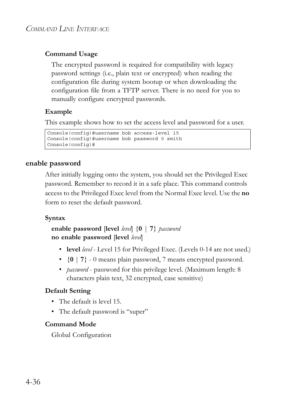 Enable password, Enable password -36, Enable password (4-36) | SMC Networks TIGERSWITCH SMC6752AL2 User Manual | Page 276 / 516